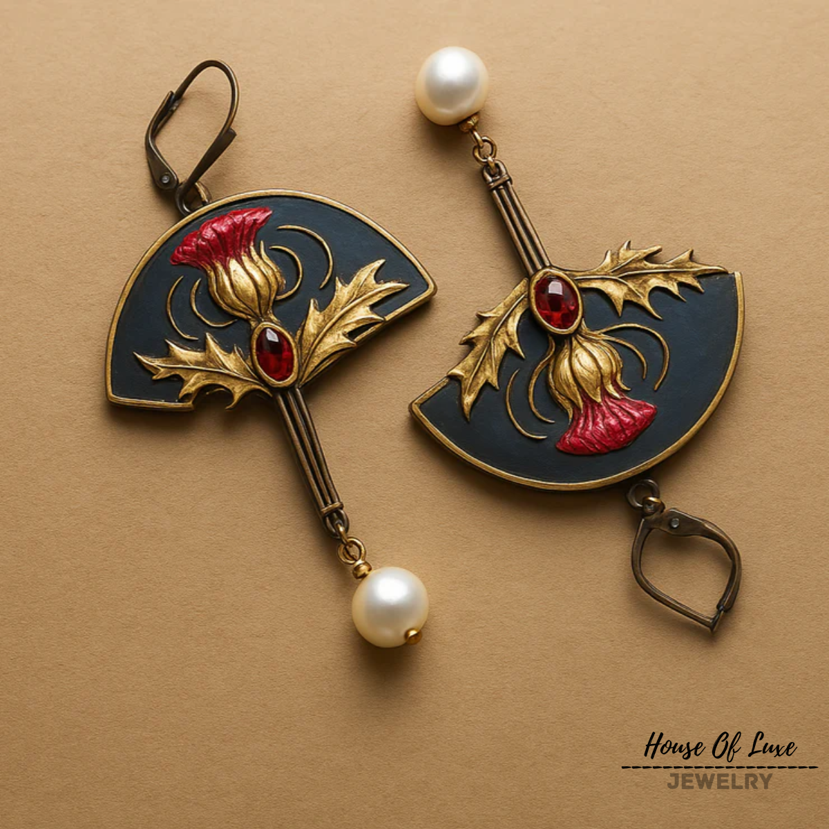 BOHO EARRINGS WITH PEARLS AND RED CRYSTAL