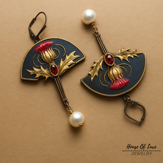 BOHO EARRINGS WITH PEARLS AND RED CRYSTAL